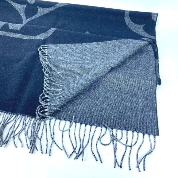 LOUIS VUITTON Monogram Muffler Monogram Giant fringe Scarf Cashmere Navy - Picture 5 of 8